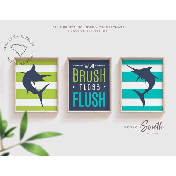 Marlin Fish Bathroom Prints Navy, Green, Turquoise, Poster Only