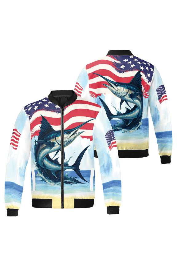 Marlin Fish Bomber Jacket - USA Flag Design Jacket, Gift For Fishermen, Fishing Lovers