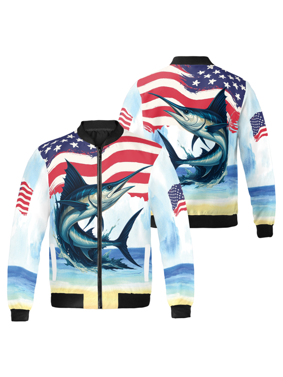 Marlin Fish Bomber Jacket - USA Flag Design Jacket, Gift For Fishermen, Fishing Lovers