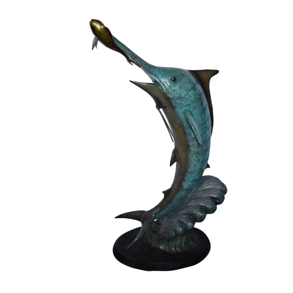Nifao Marlin Fish Catching A Small Fish in Action Bronze Statue – Garden Outdoor Decor Sculpture, 28"L x 16"W x 50"H