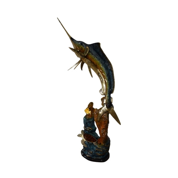 Marlin Fish and Turtle Swimming in the Ocean Bronze Statue Size 20" x 18" x 53"H