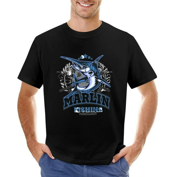 Marlin Fishing Vintage T-shirt Mens Cotton Classic Crewneck Short Sleeve Tees Unisex Black XS