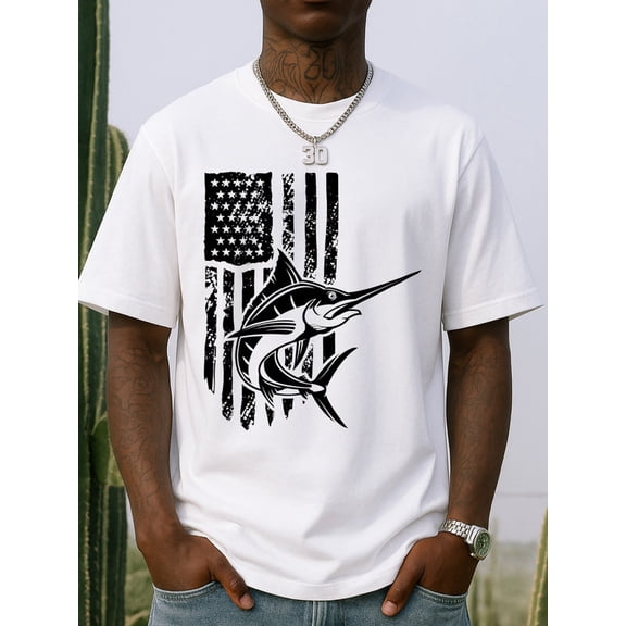 Marlin Flag Tee fish comfort colors tshirt cotton tshirts mens 180G 100% Cotton white Casual sportswear Soft and comfortable Perfect for exercise Everyday and weekend wear for men funny for 60 year