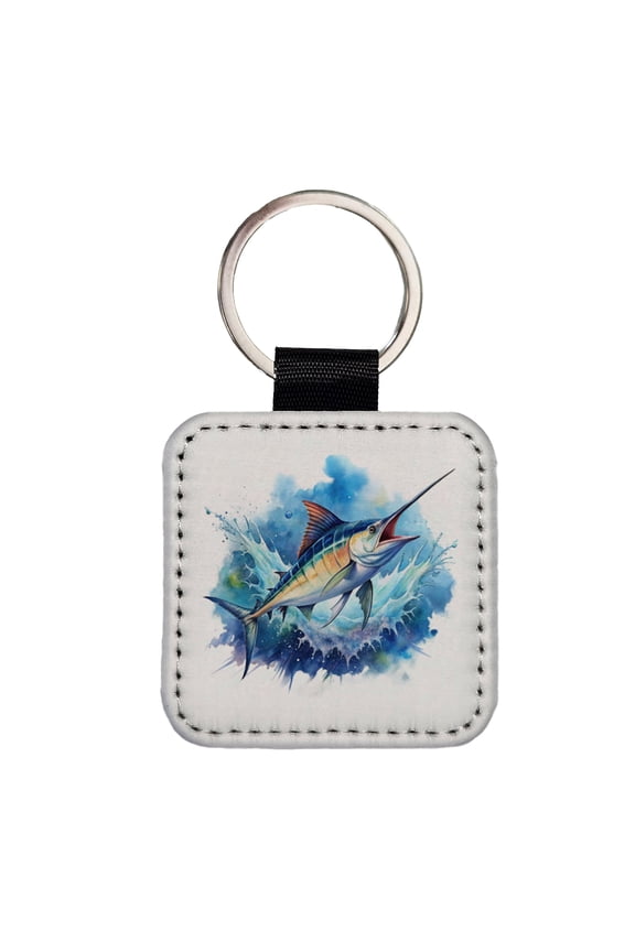 Marlin Jumping In The Ocean Deep Sea Sport Fishing Watercolor Faux Leather Square Keychain