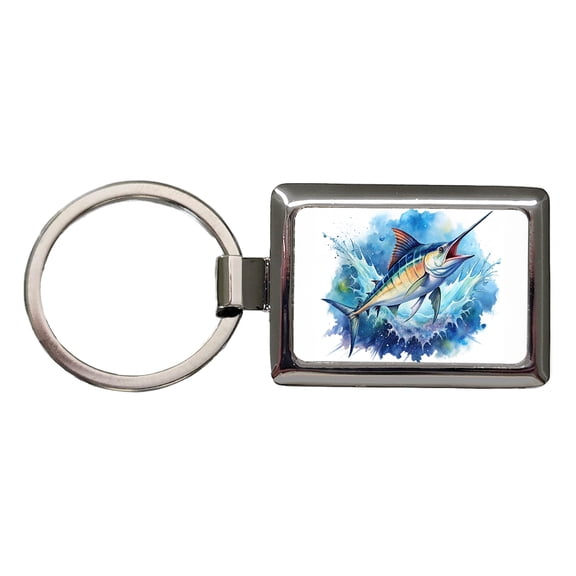 Marlin Jumping In The Ocean Deep Sea Sport Fishing Watercolor Metal Rectangle Keychain