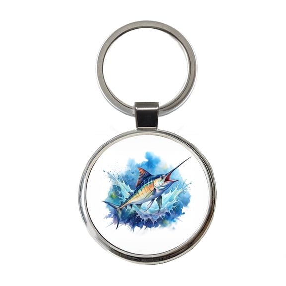 Marlin Jumping In The Ocean Deep Sea Sport Fishing Watercolor Metal Round Keychain