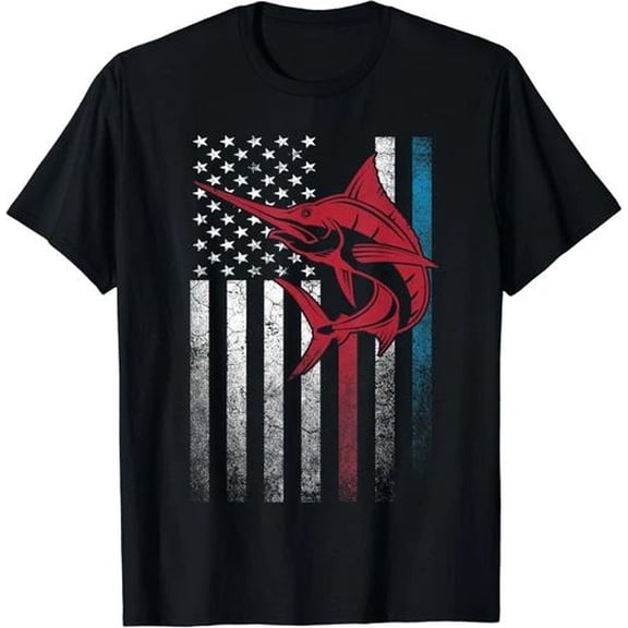 Marlin Swordfish Patriotic Tee with Calm Ocean Adventure Theme and USA Nature Artwork – Unisex Cotton T-Shirt, Sizes S-5XL