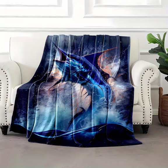 Marlin in Stormy Sea Pattern Print Flannel Throw Blanket