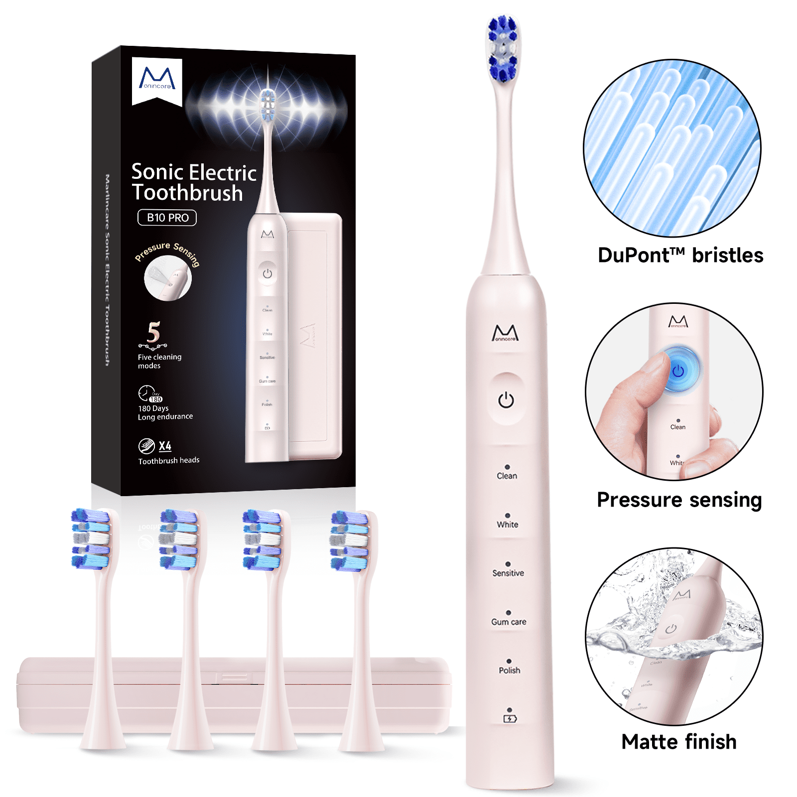 Marlincare Sonic Electric Toothbrush for Adults,10X more Plaque Removal,Travel Electric Toothbrush,Pink