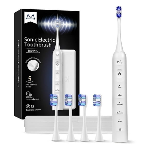 Marlincare Sonic Electric Toothbrush for Adults,Quiet Power Toothbrush,Pressure-sensitive Button,White
