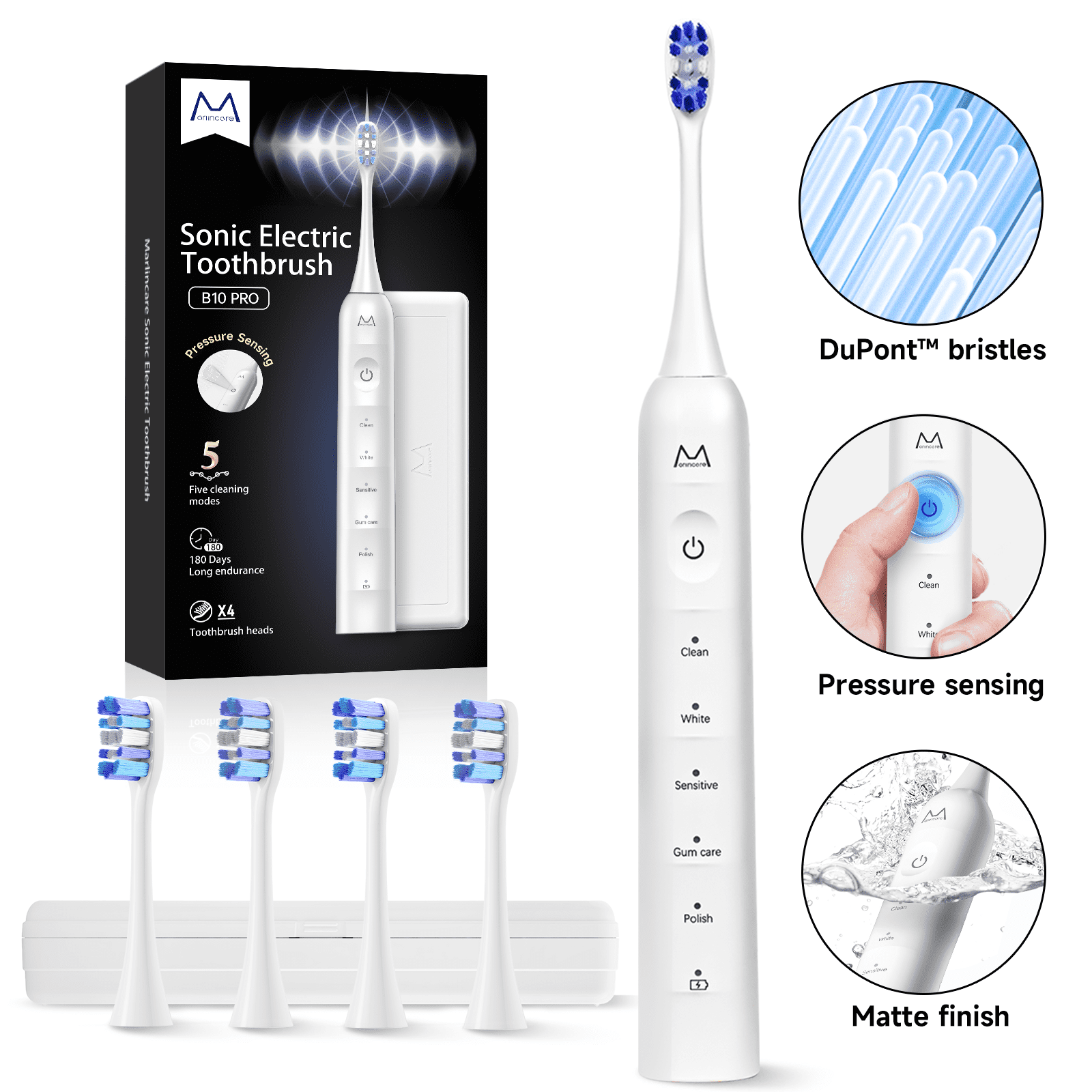 Marlincare Sonic Electric Toothbrush for Adults,Quiet Power Toothbrush,Pressure-Sensitive Button,White