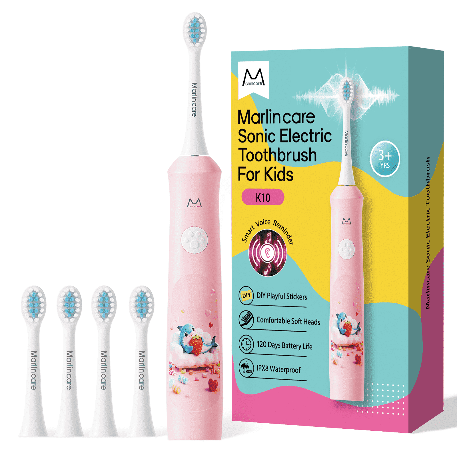 Marlincare Kids Electric Toothbrush for Ages 3+, Bone Conduction Voice Guidance, Sonic Toothbrush for Children, 2 Modes, 120-Day Battery, IPX8 Waterproof,Pink