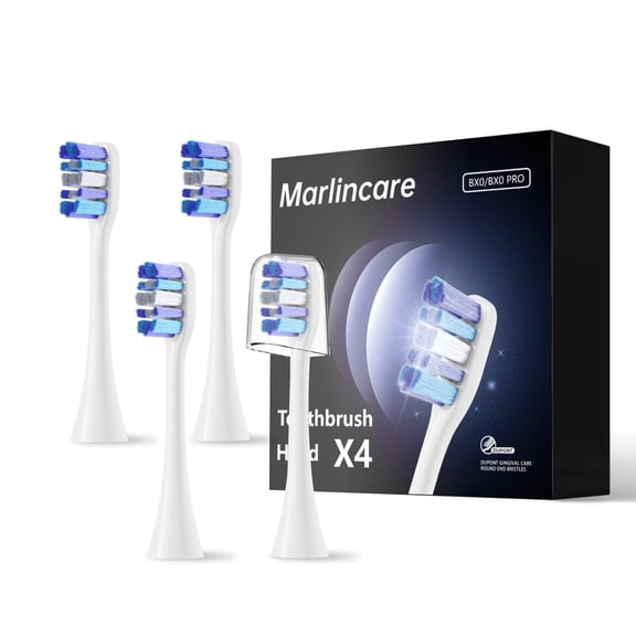 Marlincare Sonic Electric Toothbrush Replacement Heads (4-Pack) - W & C Shaped Bristles for Deep Cleaning, 10X Plaque Removal, Compatible with Marlincare B10PRO - White