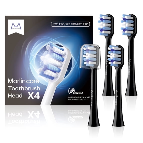 Marlincare Sonic Electric Toothbrush Replacement Heads (4-Pack) - W & C Shaped Bristles for Deep Cleaning, 12X Plaque Removal, Compatible with Marlincare M10PRO&U10PRO - Black