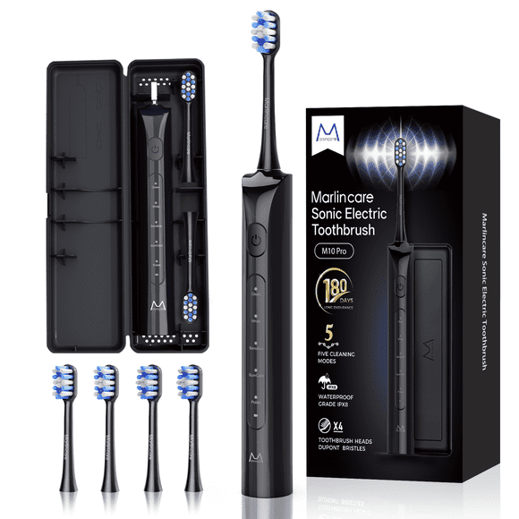 Marlincare Sonic Electric Toothbrush for Adults,Rechargeable Powered Toothbrush,180-Day Battery, 12x Plaque Removal,IPX8 Waterproof, Black