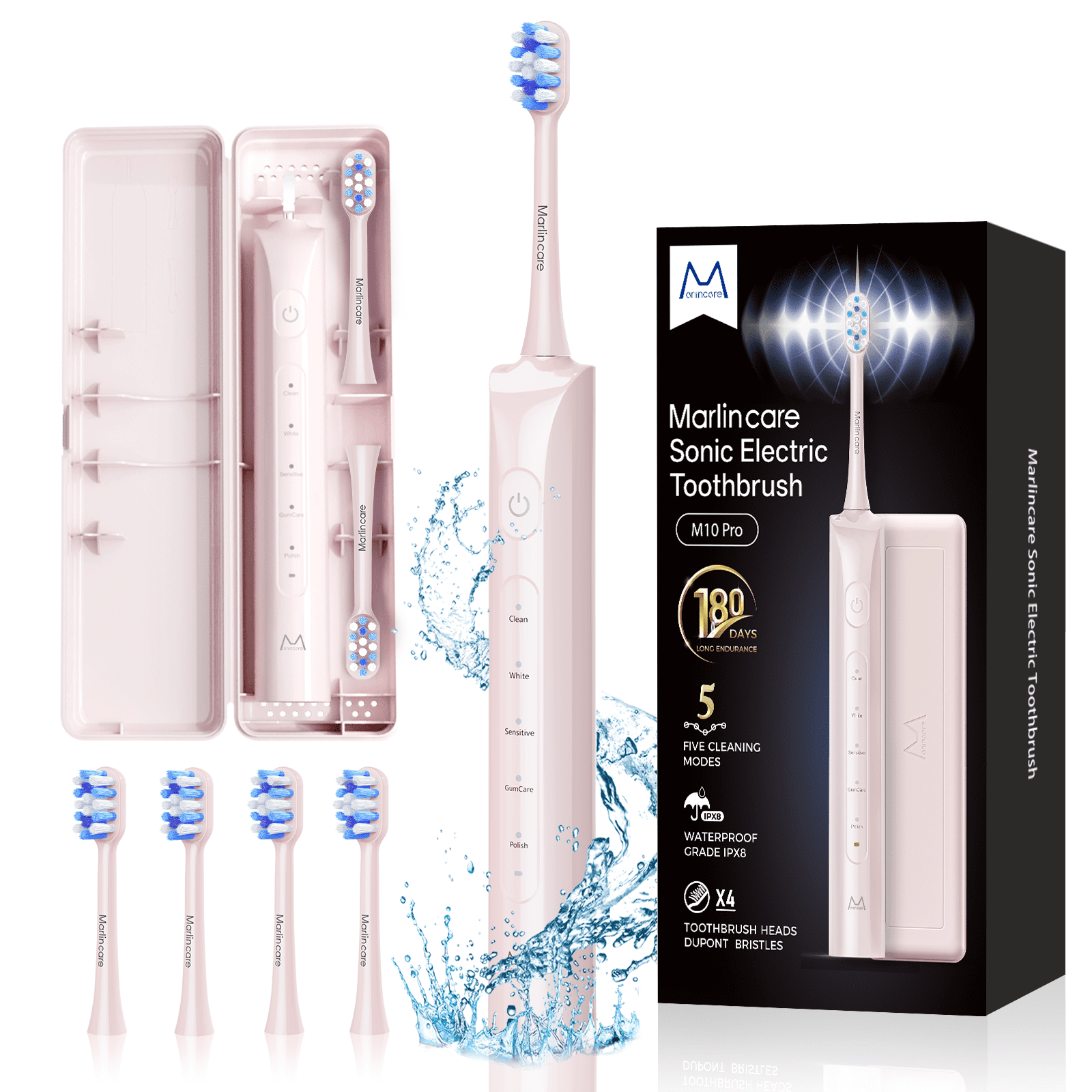 Marlincare Sonic Electric Toothbrush for Adults,Rechargeable Powered Toothbrush,180-Day Battery, 12x Plaque Removal,Low Noise, Pink