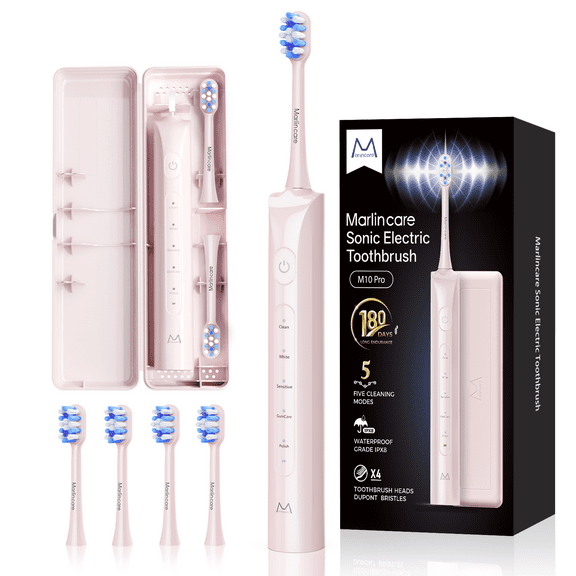 Marlincare Sonic Electric Toothbrush for Adults,Rechargeable Powered Toothbrush,180-Day Battery, 12x Plaque Removal,Low Noise, Pink