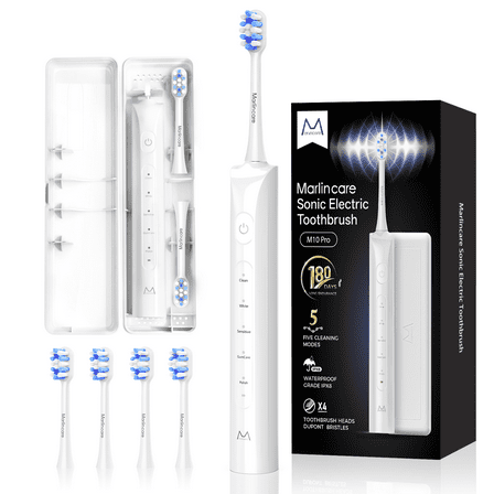 Marlincare Sonic Electric Toothbrush for Adults,Rechargeable Powered Toothbrush,180-Day Battery, 12x Plaque Removal,with Travel case, White