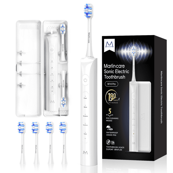 Marlincare Sonic Electric Toothbrush for Adults,Rechargeable Powered Toothbrush,180-Day Battery, 12x Plaque Removal,with Travel case, White