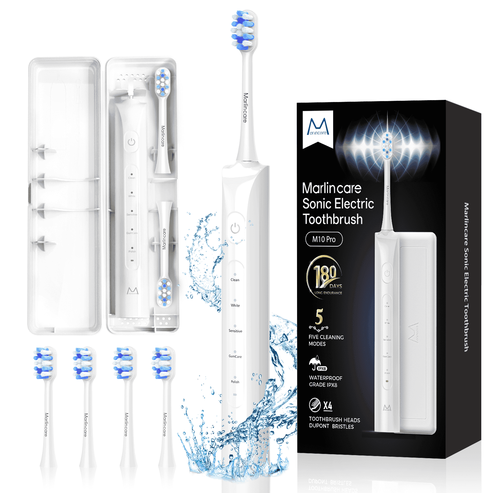 Marlincare Sonic Electric Toothbrush for Adults,Rechargeable Powered Toothbrush,180-Day Battery, 12x Plaque Removal,with Travel Case, White