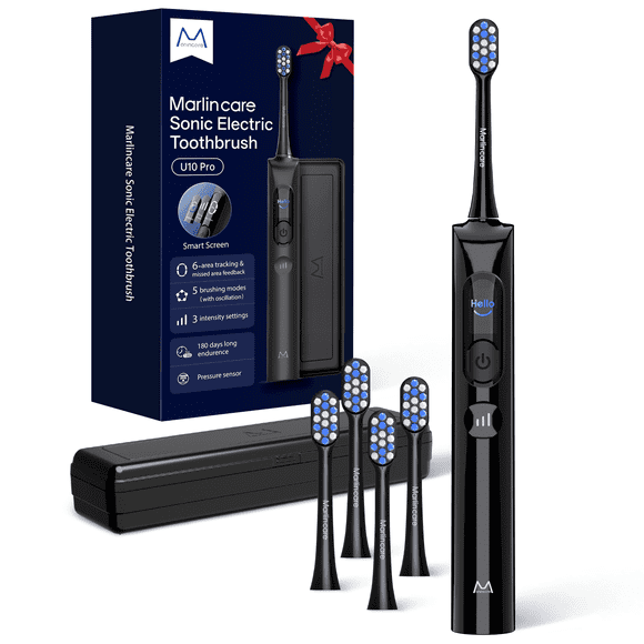 Marlincare Sonic Electric Toothbrush for Adults with Smart Display, Pressure Sensor, 180-Day Battery, 3 Intensity Levels & 5 Modes,Black