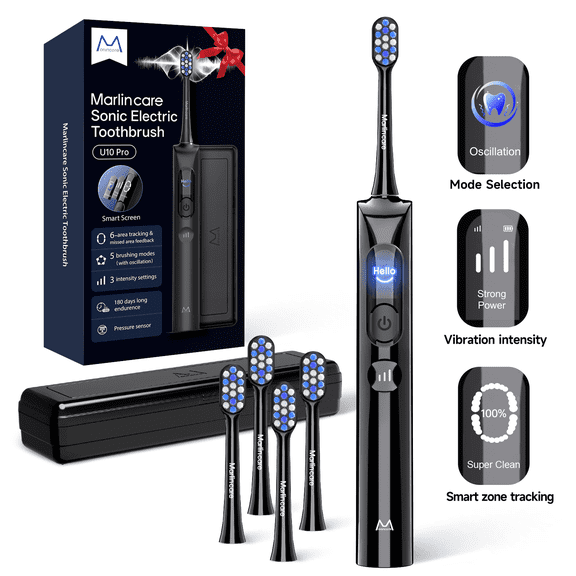 Marlincare Sonic Electric Toothbrush for Adults with Smart Display, Pressure Sensor, 180-Day Battery, 3 Intensity Levels & 5 Modes,Black