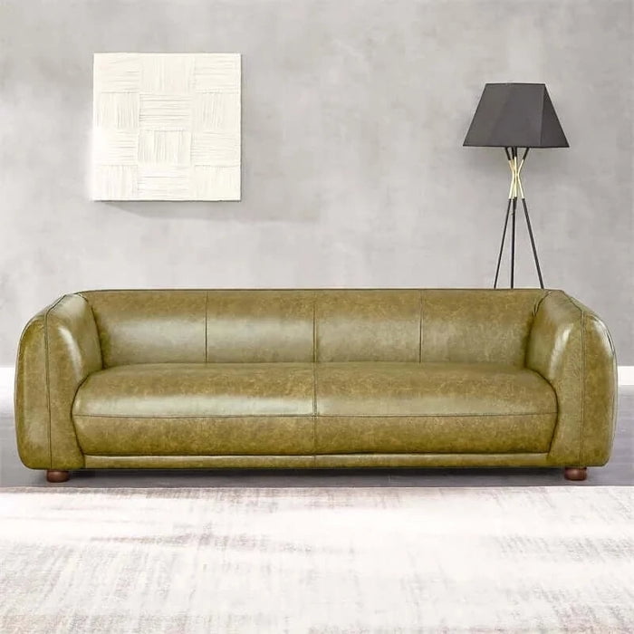 Green Genuine Leather Sofa with Solid Wood Frame
