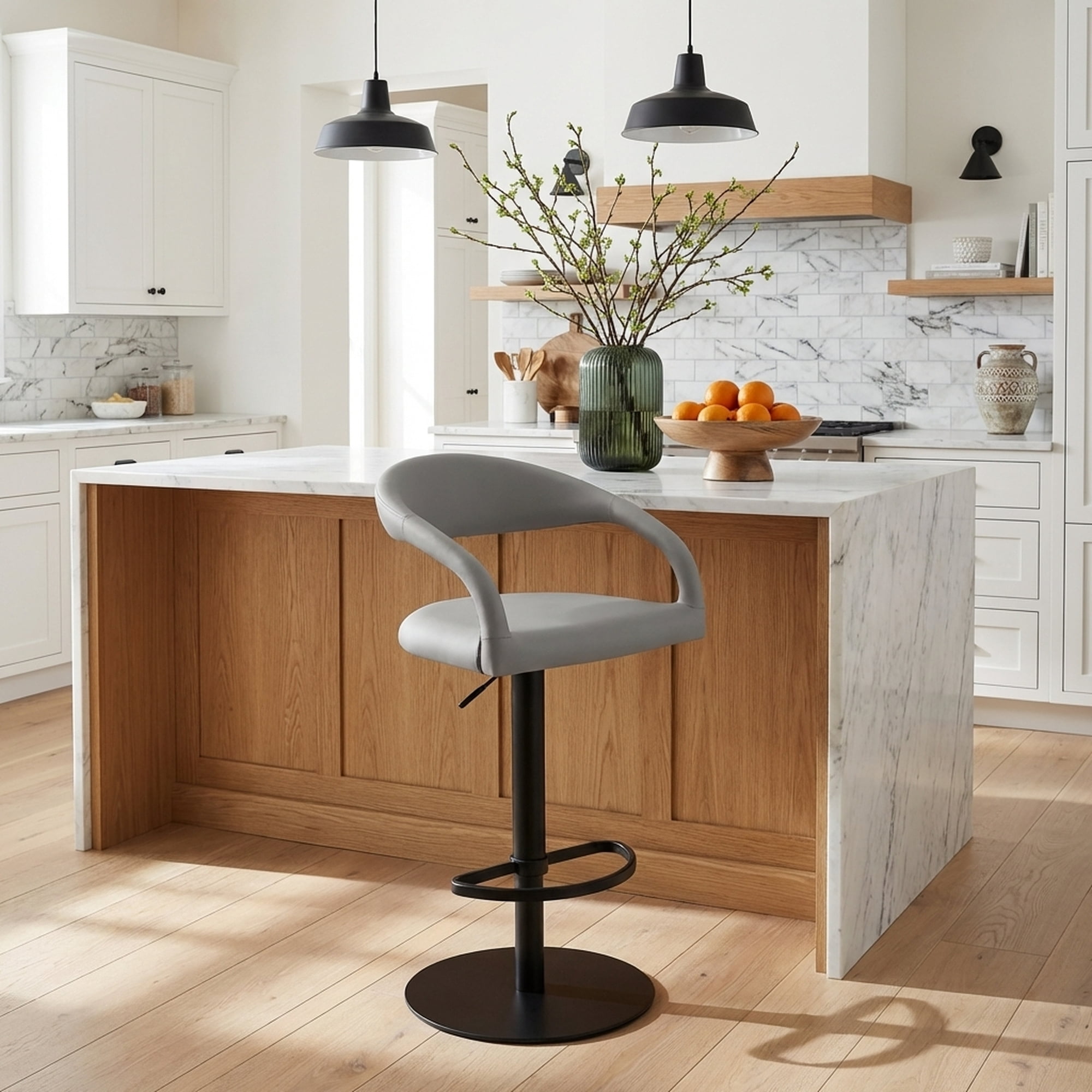 Marlow Modern Contemporary Swivel Metal Adjustable Height Barstool With Faux Leather Seat