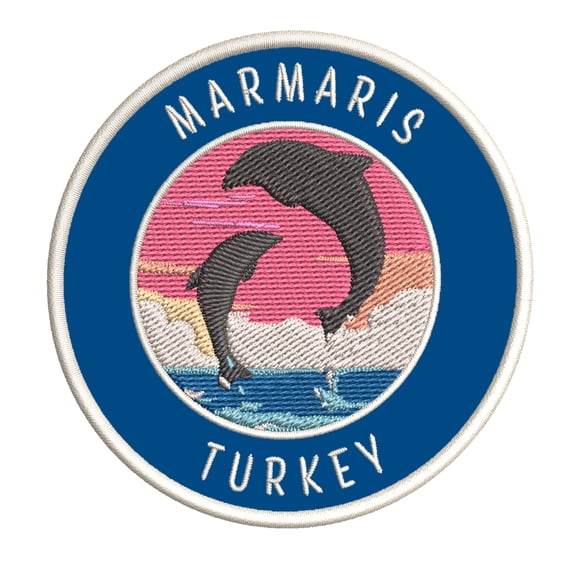 Marmaris, Turkey Dolphin Sunset 3.5 Inch Iron Or Sew On Embroidered Fabric Badge Patch Ocean Beach, Salt Life Iconic Series
