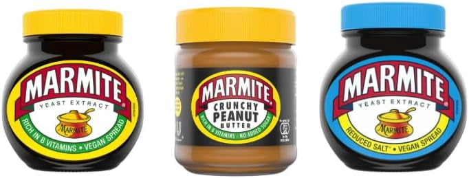 Marmite Yeast Extract Variety Pack from UK, Original, Crunchy Peanut Butter, Reduced Salt, Vegan Suitable
