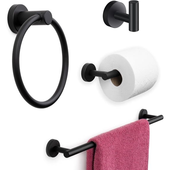 Marmolux Acc 4-Piece Matte Black Bathroom Towel Bar Set, Wall Mount, Rust Resistant, 4 Count