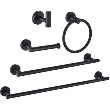 Matte Black 5 Piece Bathroom Hardware Accessories Set 23.6\" SUS304 Stainless Steel Bathroom Towel Bar Holder Sets Double Post Pivoting Toilet Paper Holder Set Wall Mounted