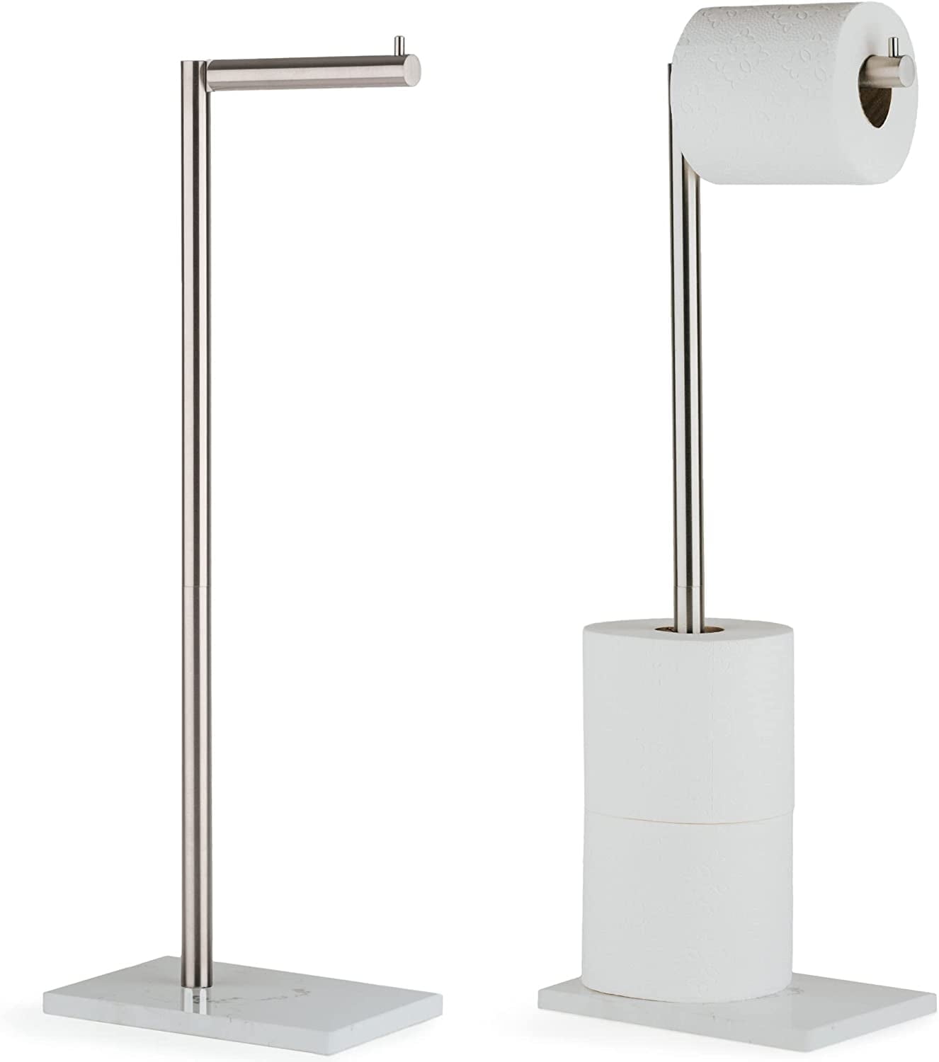 Marmolux Acc Brushed Nickel Toilet Paper Holder Free Standing with White Marble Base Storage
