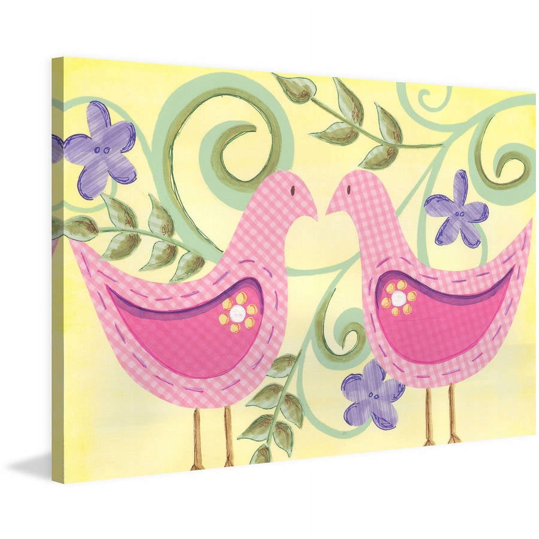 Whimsical Pink Gingham Birds Canvas Wall Art, 26" x 18"