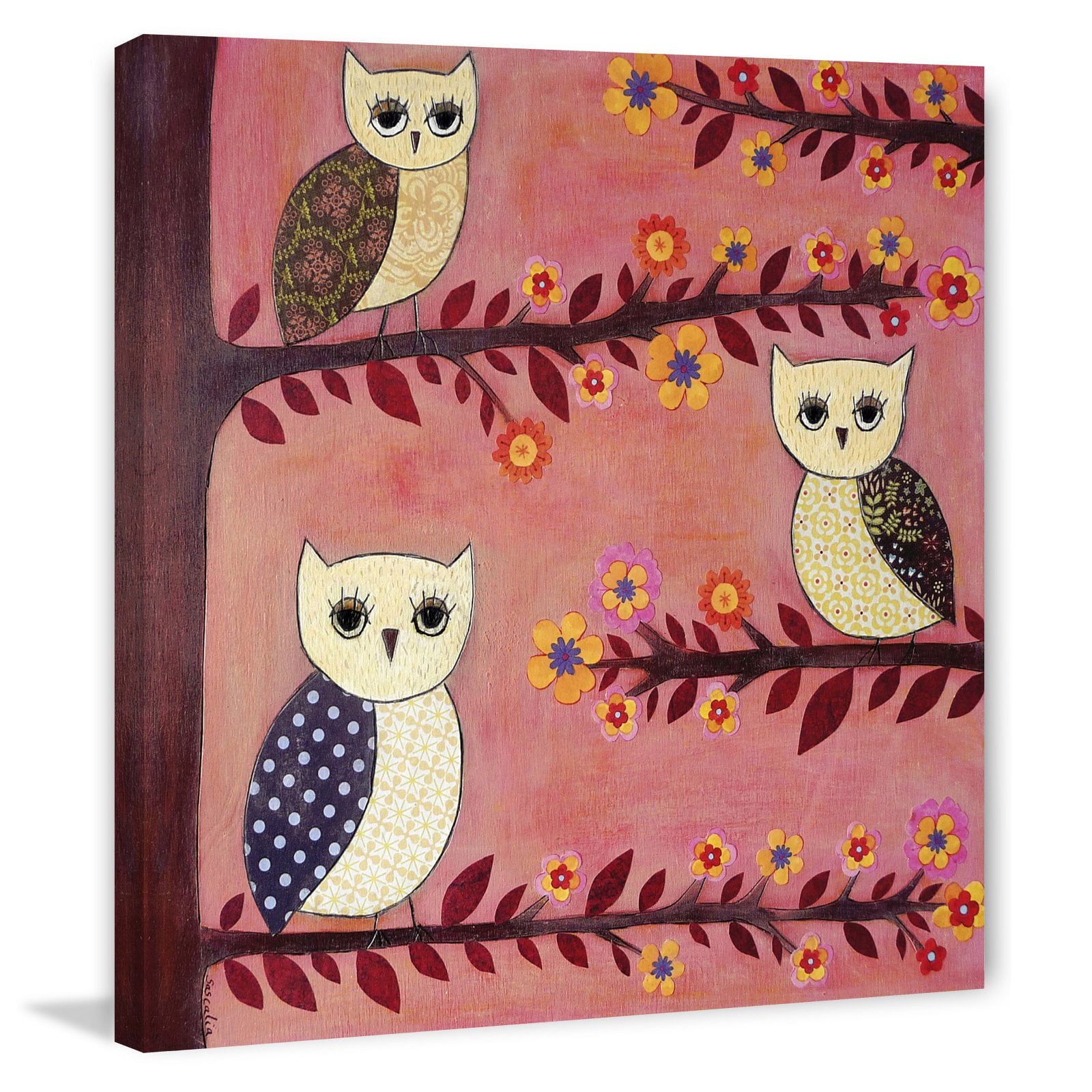 Marmont Hill "3 Wise Owls" by Sascalia Painting Print on Wrapped Canvas