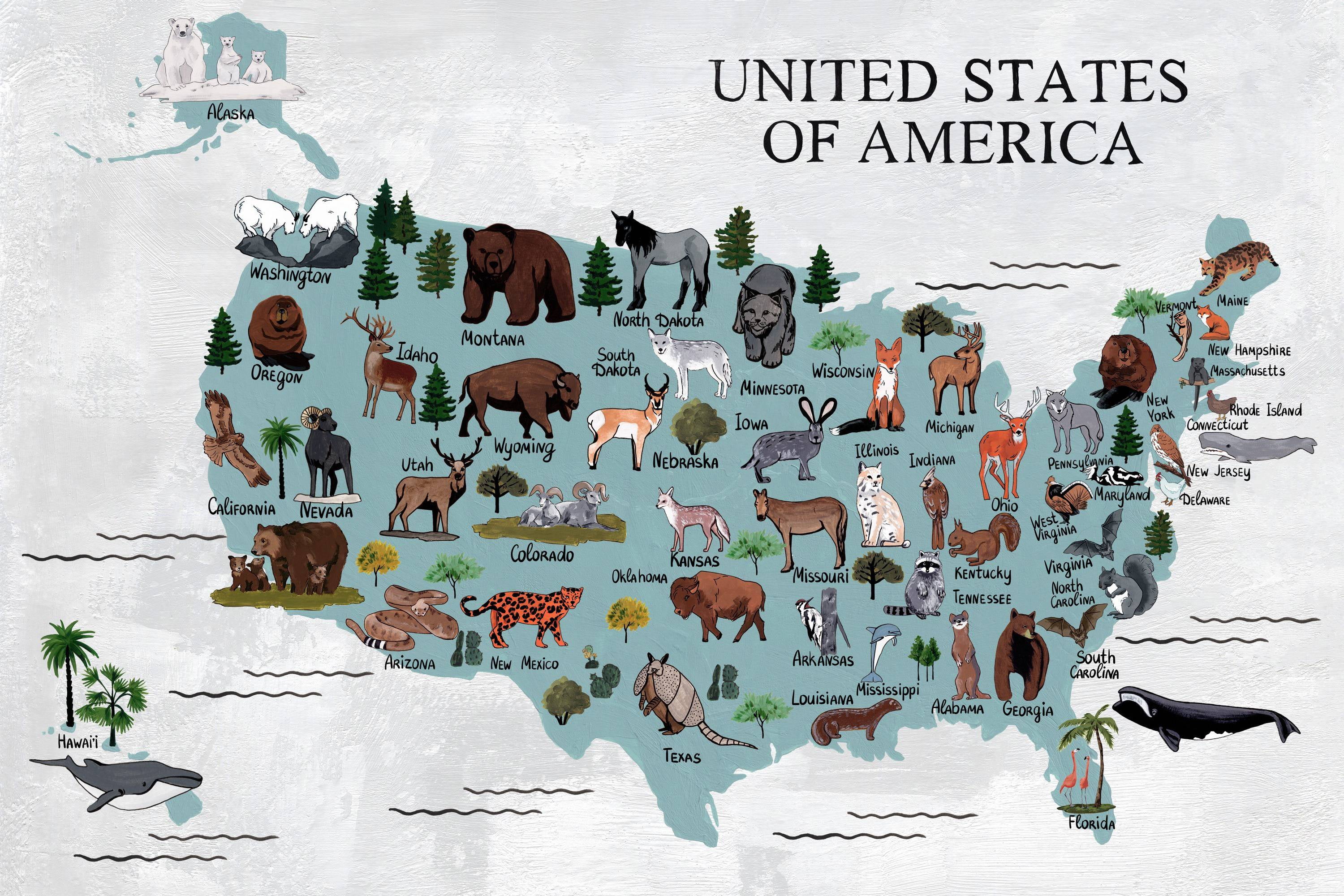Marmont Hill Animals Map Canvas Wall Art