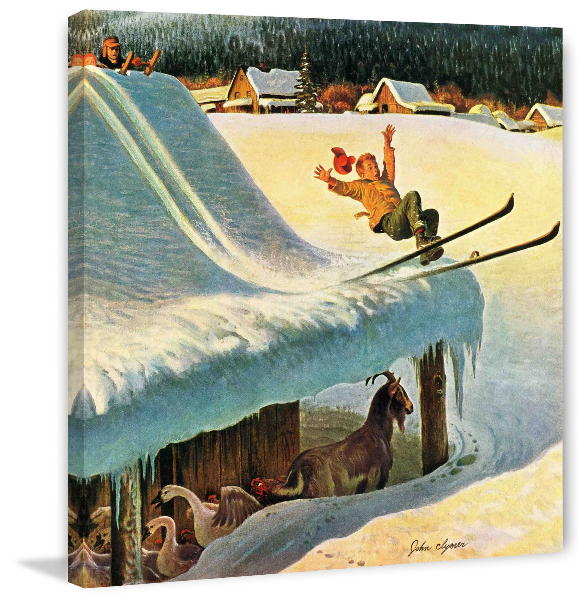 Marmont Hill Barn Skiing by John Clymer Painting Print on Wrapped Canvas