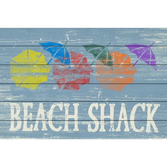 Marmont Hill Beach Shack Umbrellas White Wood Wall Art, 8" x 12"