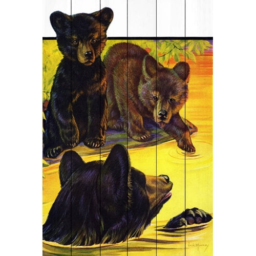 Marmont Hill "Bears In River" Painting Art Print On White Wood, 24.0" x 1.5"
