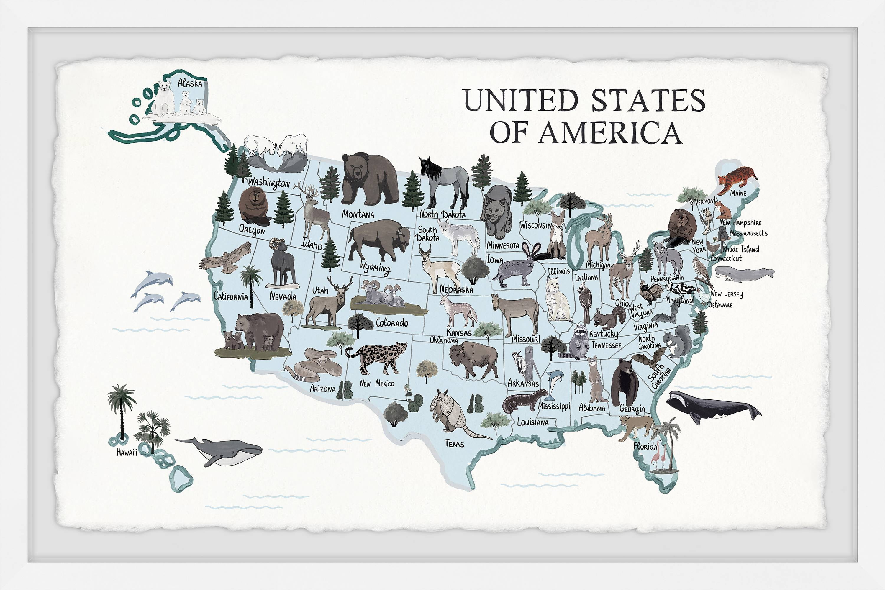 Marmont Hill Blue Animals Map Framed Wall Art