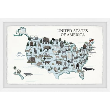 Marmont Hill Blue Animals Map Framed Wall Art