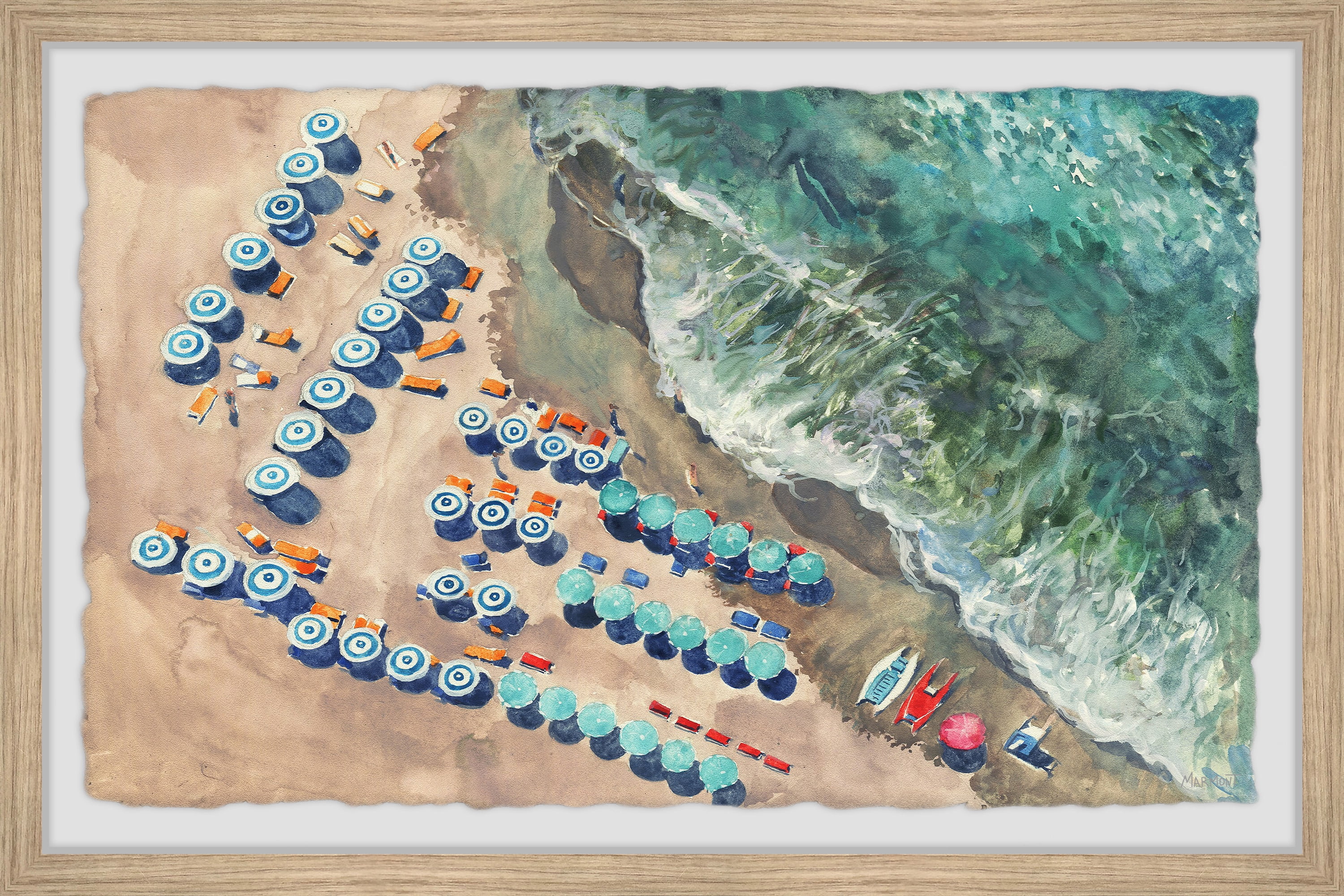 Marmont Hill Blue Beach Umbrellas Framed Wall Art, 1.50" x 18.00"
