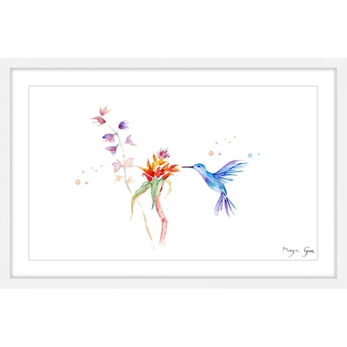 Blue Hummingbird Print on Canvas with White Frame