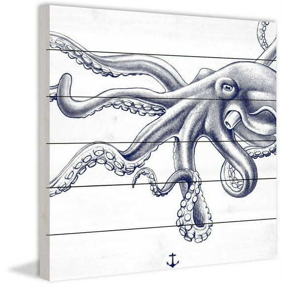Marmont Hill "Blue Octopus" Painting Print on White Wood