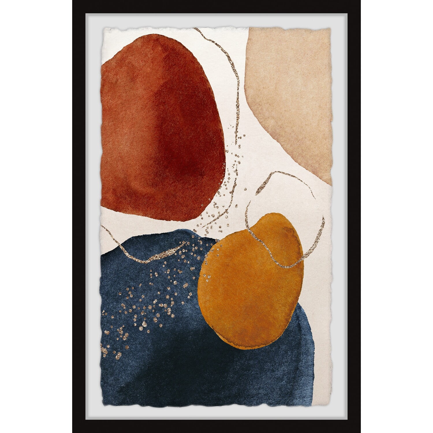 Large Abstract Watercolor Print in Red, Blue, and Beige Frame