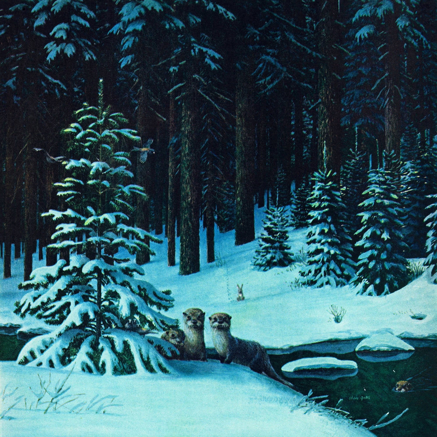 Christmas Forest Landscape Canvas Print in Blue and Green
