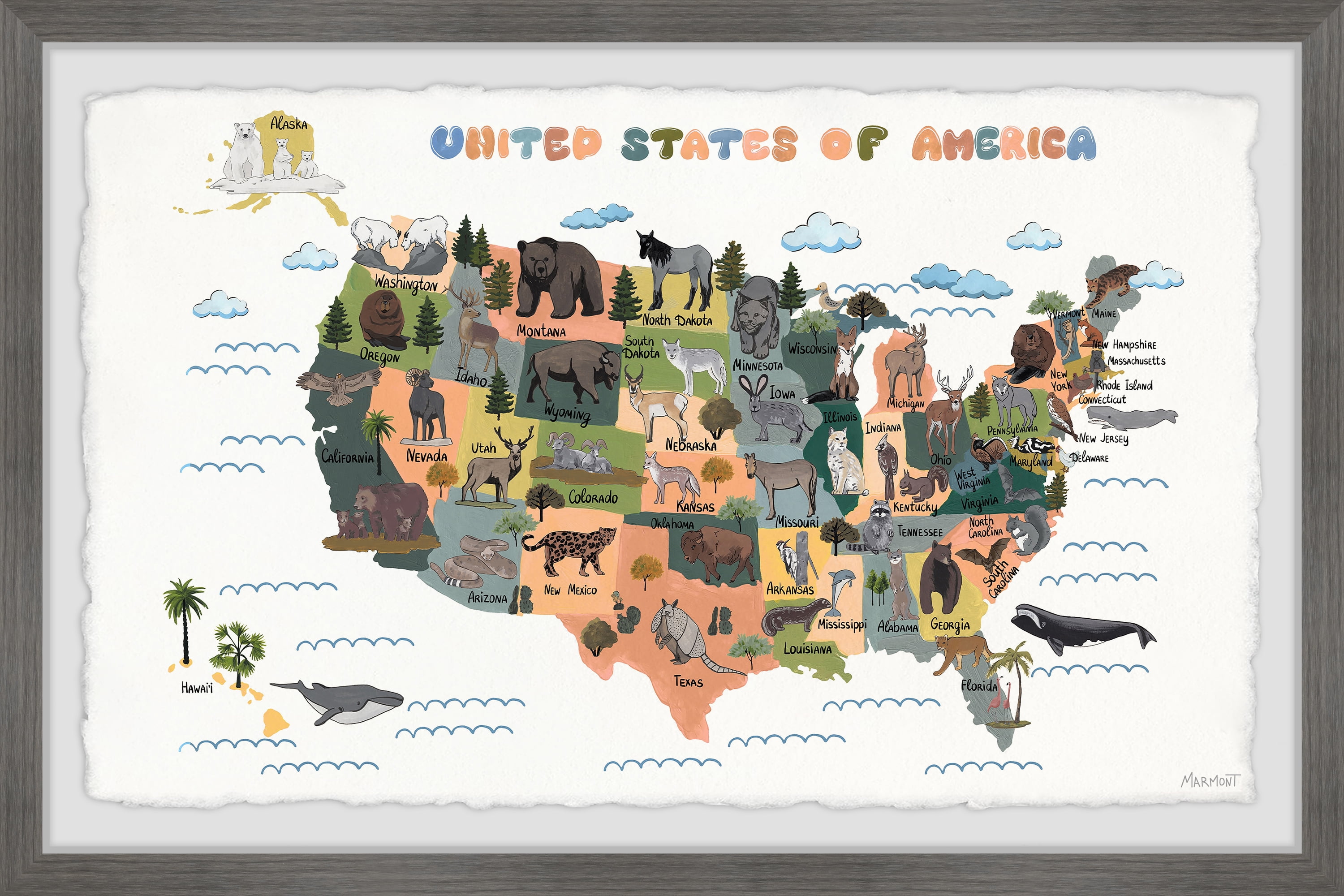 Marmont Hill Colorful US Animals Map Framed Wall Art, 16" x 24"