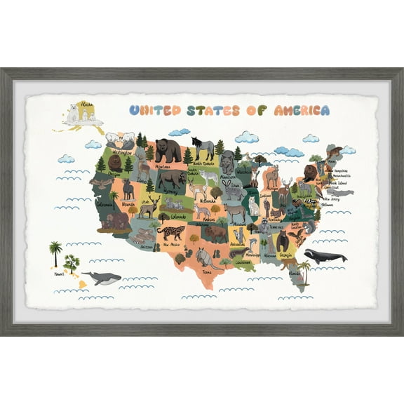 Marmont Hill Colorful US Animals Map Framed Wall Art