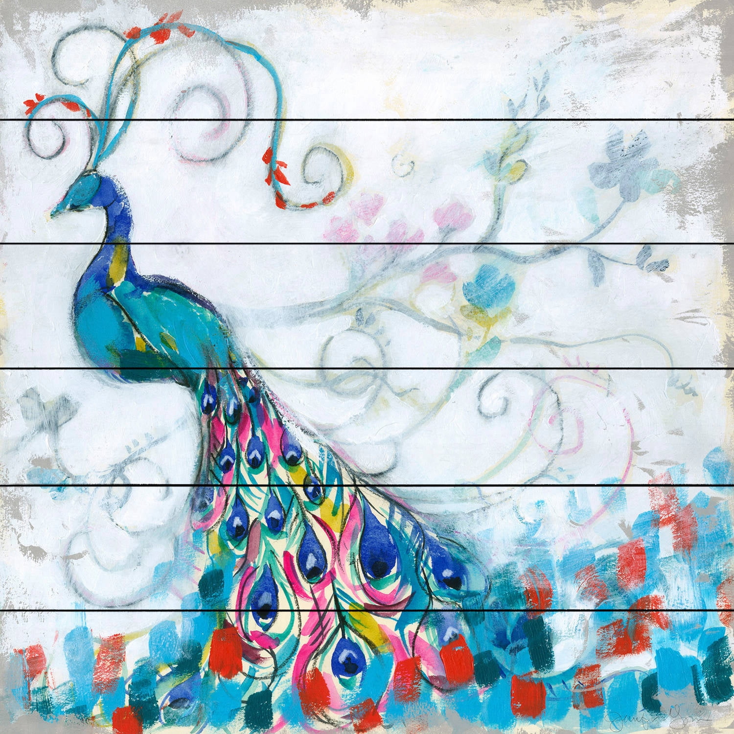 Marmont Hill Confetti Peacock II White Wood Wall Art