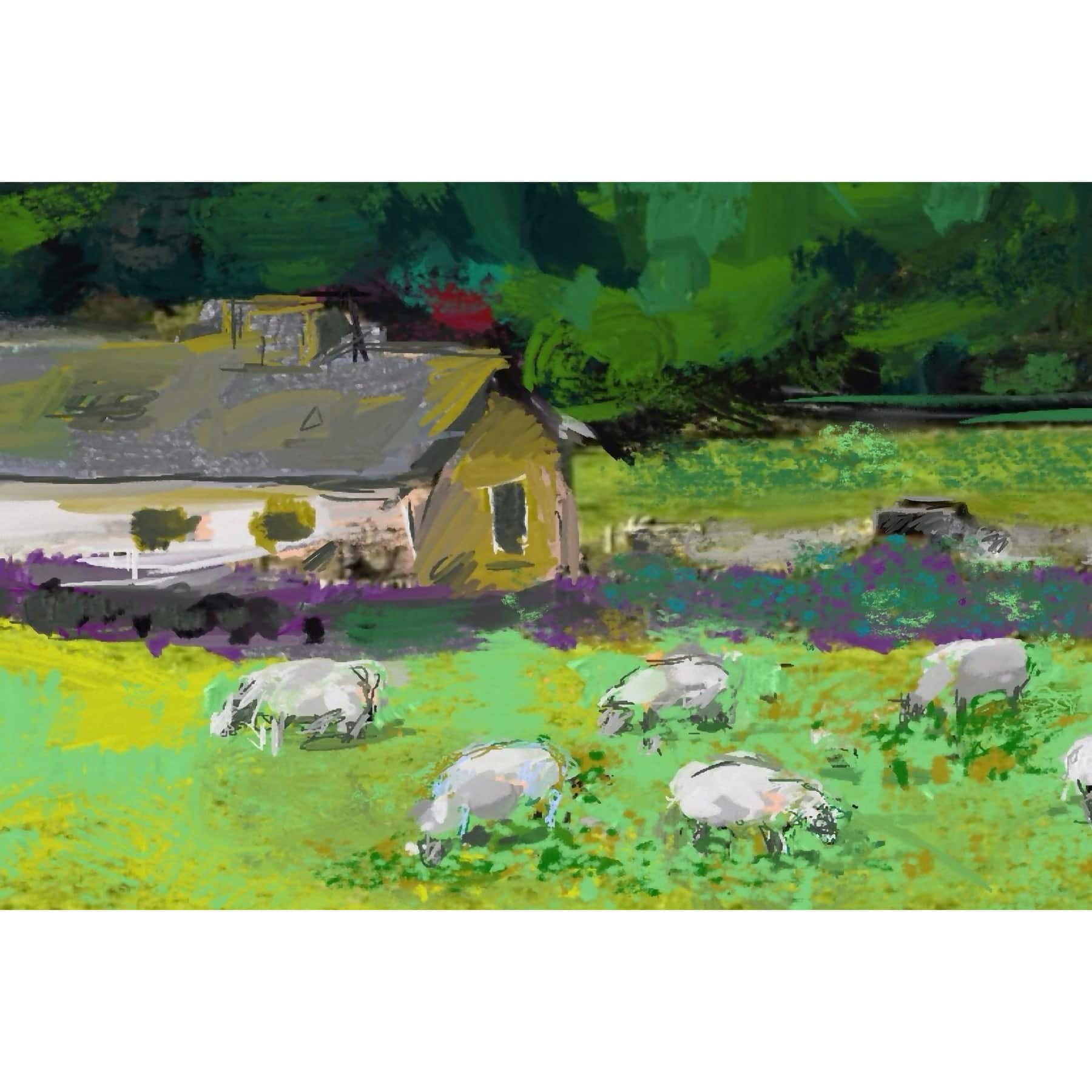 Cotswold Farm Landscape Canvas Print in Green and Yellow